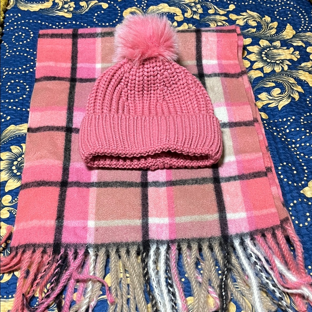 Pink Knit Beanie with Pom Pom and Scarf
